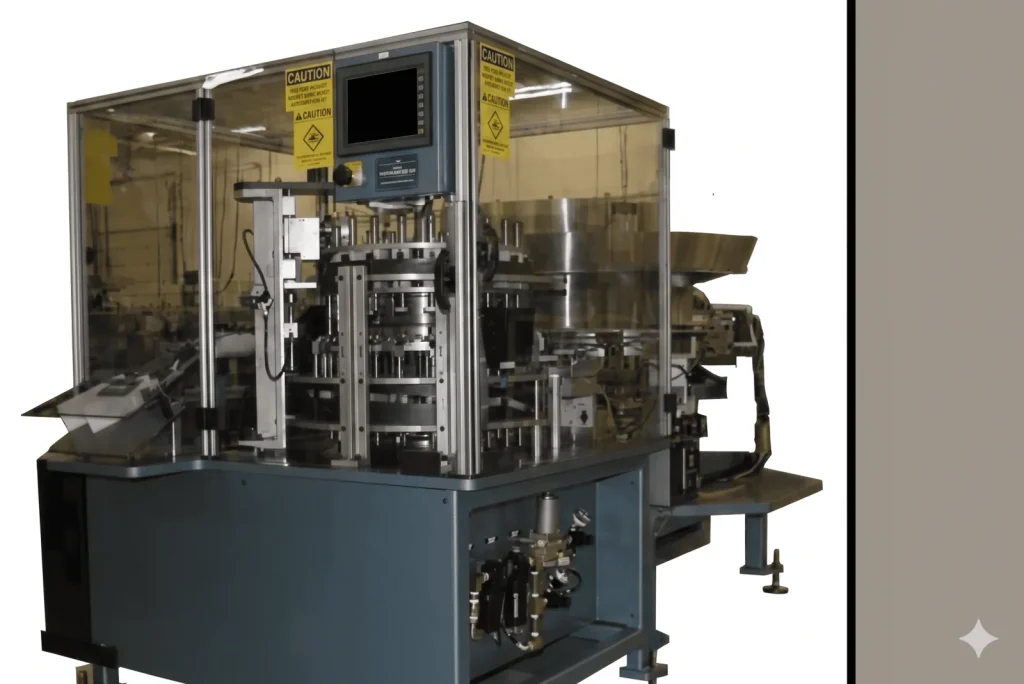 Continuous motion cap closing machine in a guarded enclosure with a bowl feeder