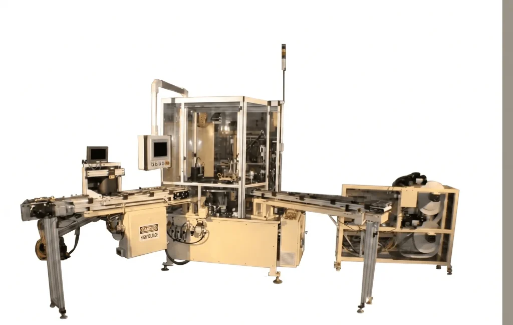 Cap lining machine with two infeed conveyors, shown on white