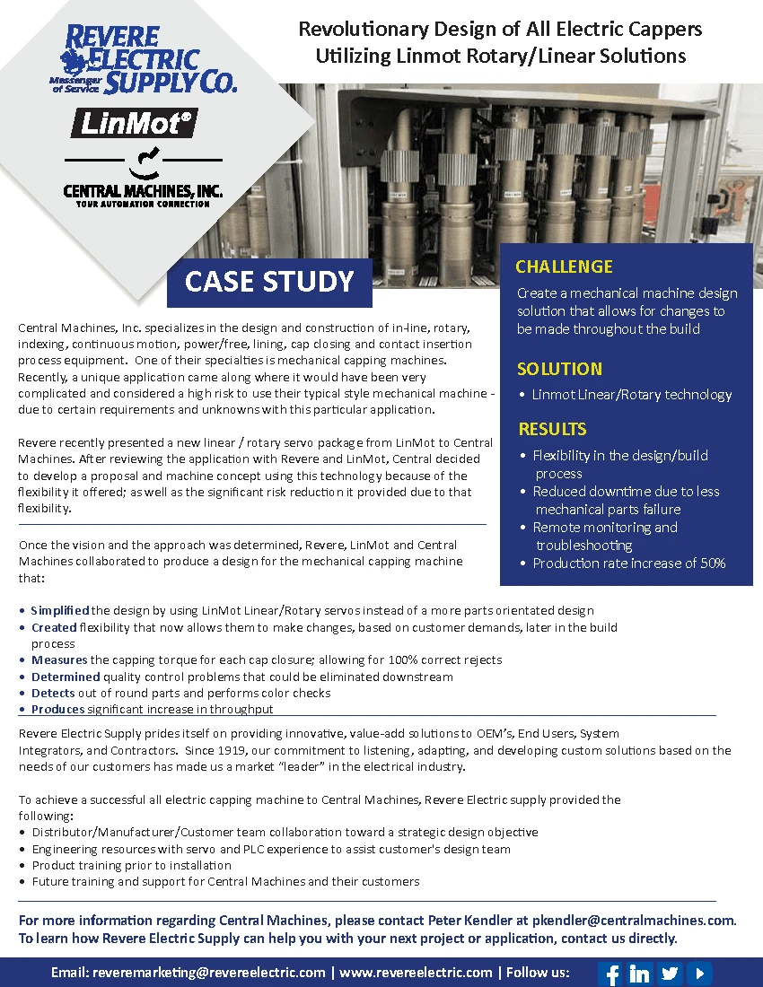 Case study sheet: Revolutionary Design of All Electric Cappers Utilizing Linmot Rotary/Linear Solutions, Revere Electric Supply Co.