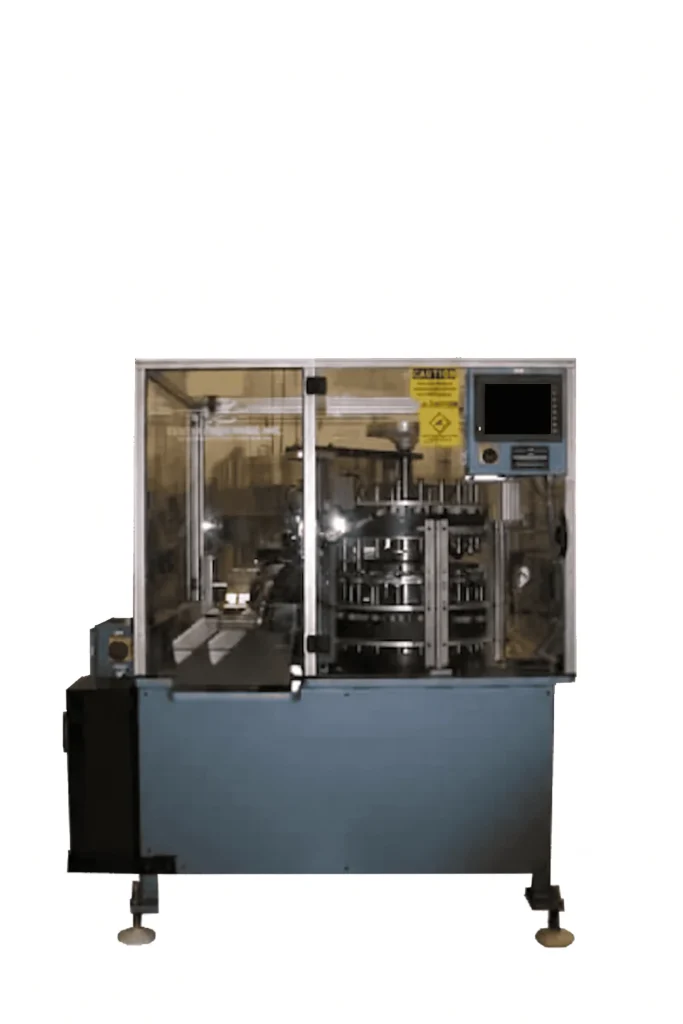 Compact cap closing machine on a blue base with a monitor