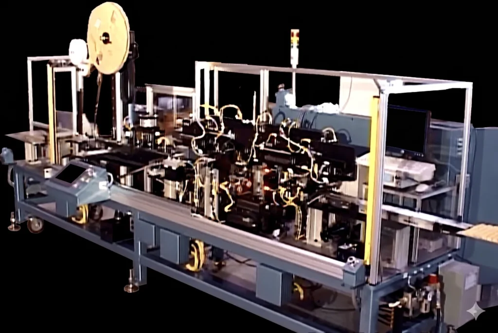 Long connector assembly line with a reel feeder and a monitor, shown on black