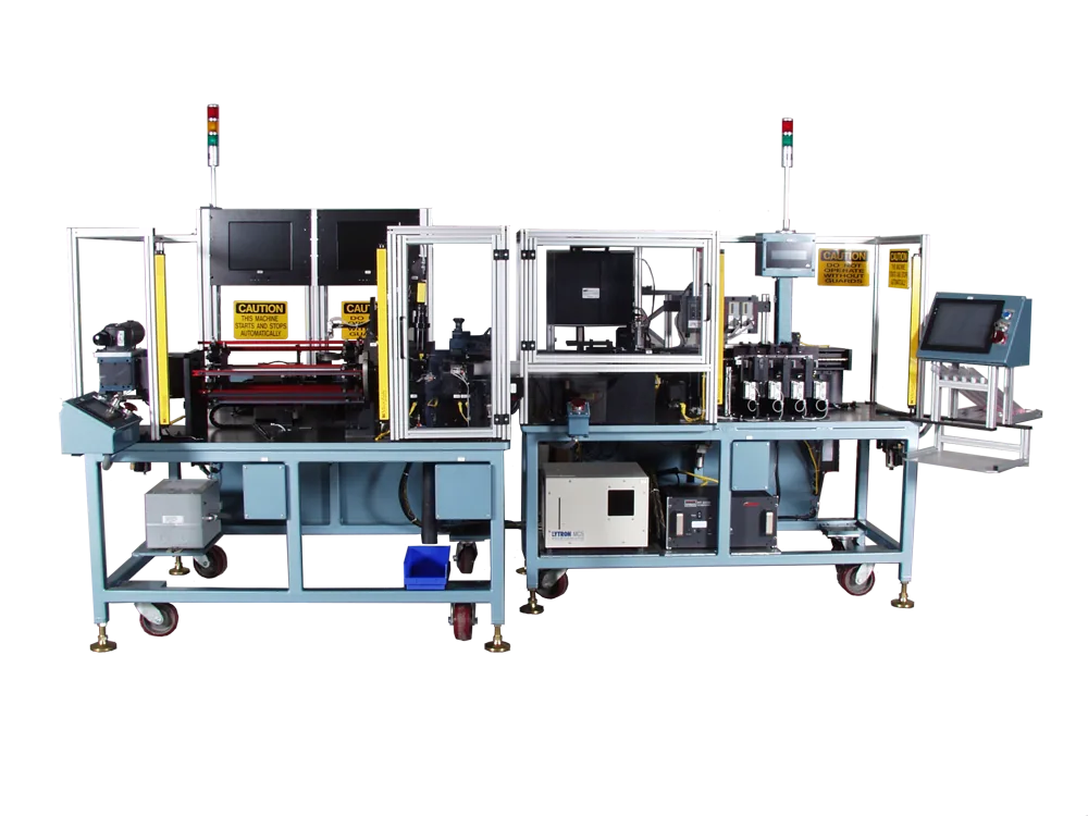 Blue connector assembly machine with monitors and a touchscreen on a gray backdrop