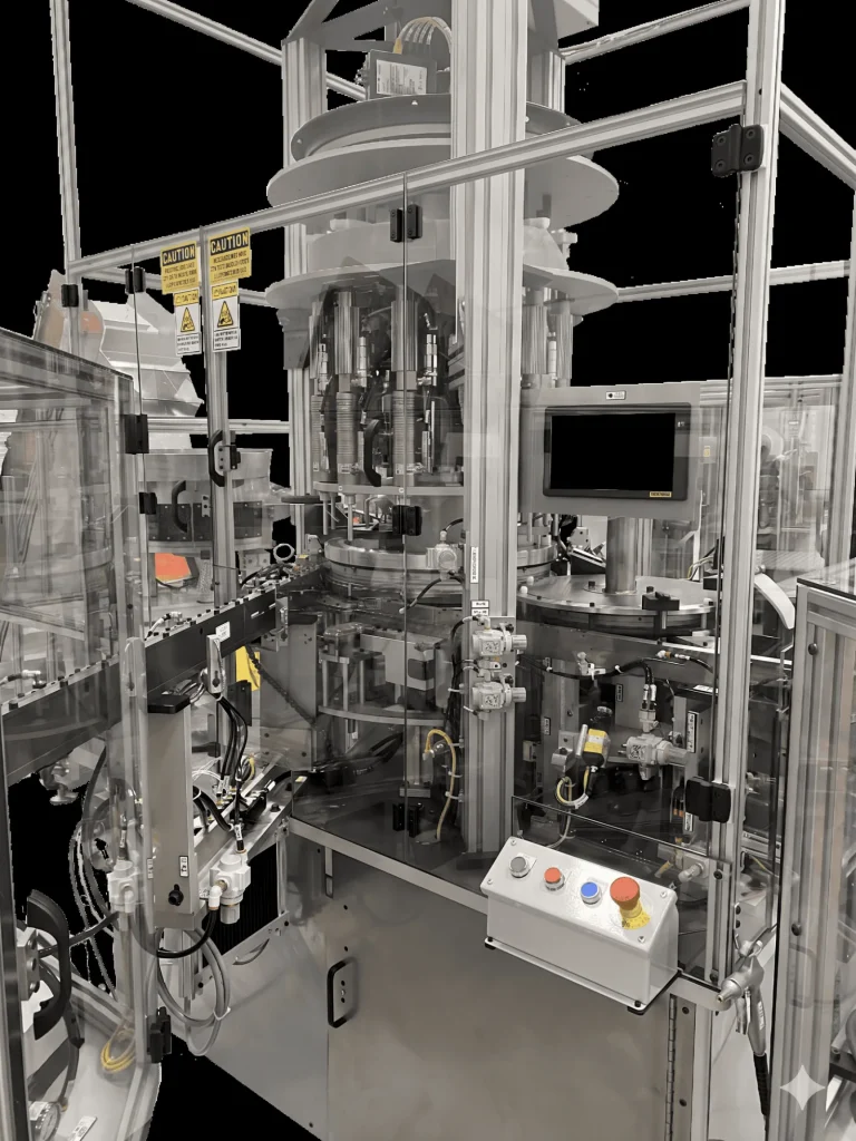Continuous motion assembly machine with a control station, shown on black