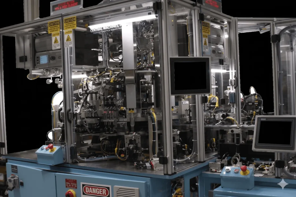 Front of an indexing dial assembly machine with a clear guard, shown on black