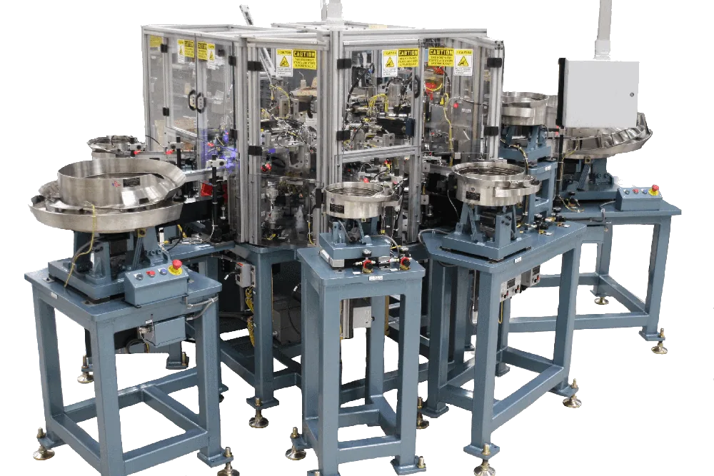 Blue indexing dial assembly machine with two vibratory bowl feeders