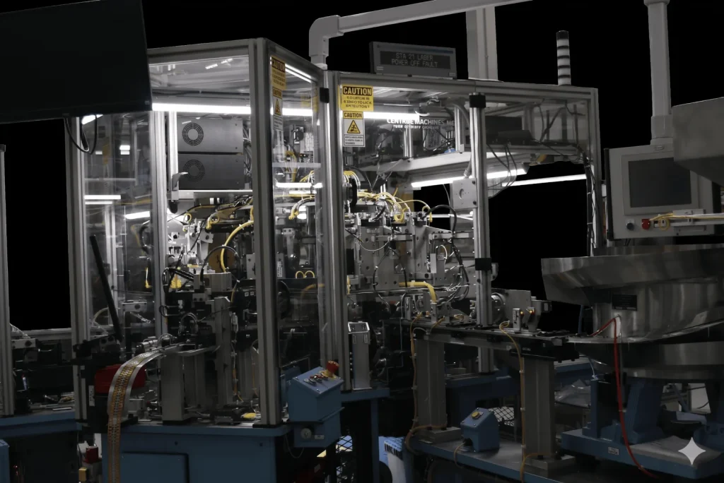Indexing dial assembly machine with a monitor and a bowl feeder, shown on black