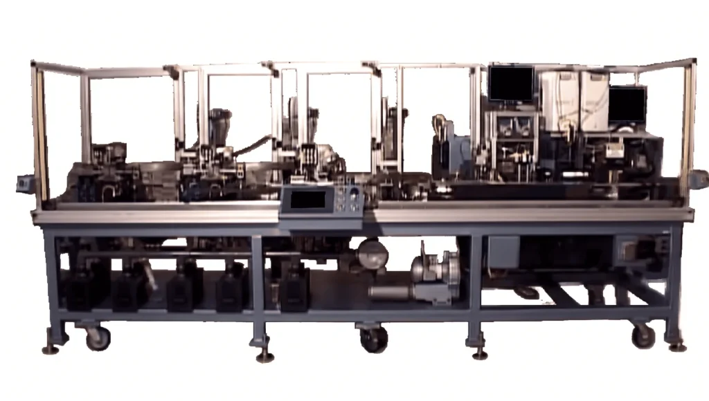 Long connector assembly machine on a wheeled frame, shown on white