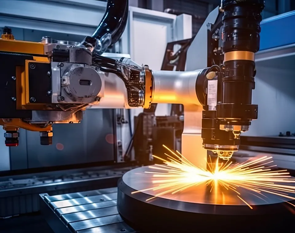 Industrial robot cutting metal with a shower of sparks