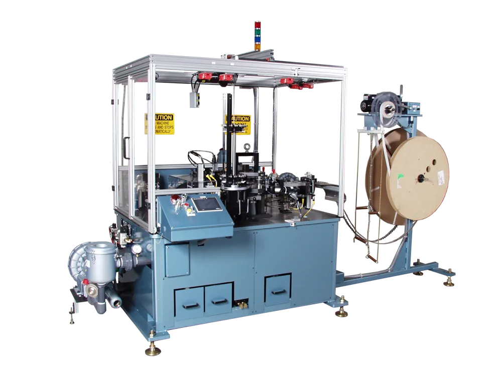 Small blue connector assembly machine with a reel feeder and a signal light tower